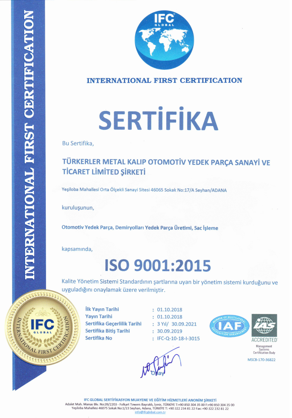 Türkerler Metal - ISO 9001:2015